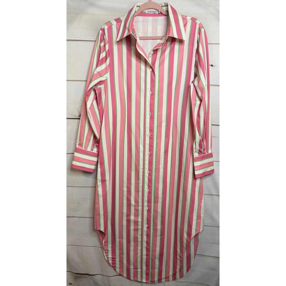Aston Studio Pink Green‎ Striped Cotton Button Down Shirt Dress Womens Size 8 US
